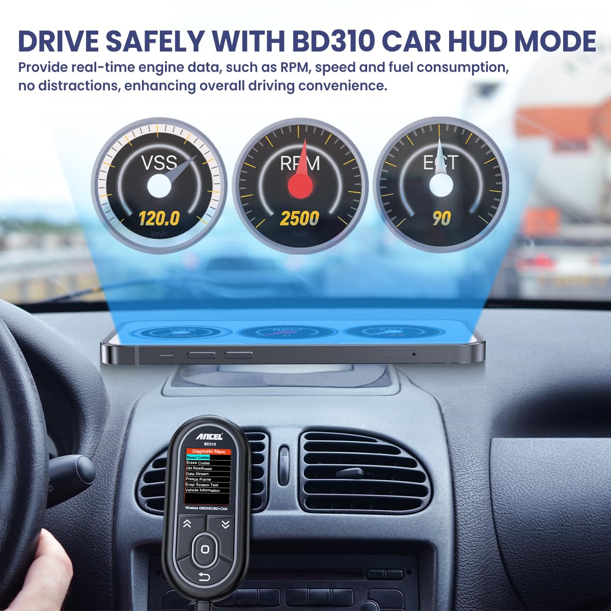 ANCEL BD310 OBD2 Scanner Diagnostic Tool - 3 in 1 OBD2 Scanner Bluetooth - App Based OBDII Scan Tool for Android & iPhone - Check Engine Light Code Reader - Wired, Bluetooth, and Heads-up Display