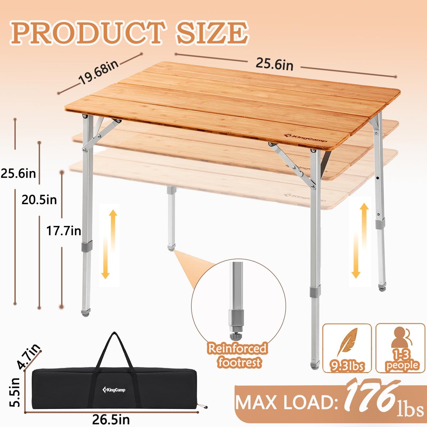 KingCamp Bamboo Folding Table Environmental Camping Table with Adjustable Height Aluminum Legs Heavy Duty 4-Folds Portable Camp Tables for Travel, Picnic, Party, Beach, 1-2 People