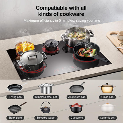 AMZCHEF 30 Inch 8400W 5 Burner Electric Cooktop, Drop-in Ceramic Glass Cooktop, 16 Power Levels, 85% Heat Efficiency, Child Lock, Timer, 220-240V, Hard Wire, No Plug