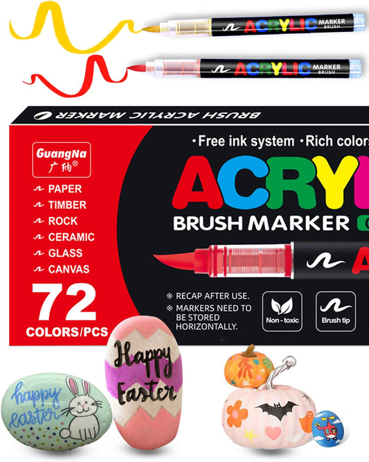 Guangna Acrylic Paint Markers Brush Tip 72 Color, Acrylic Markers with Direct Liquid Automatic Ink Control System, Soft Brush Tip Acrylic Paint Pens, for Rock Pating, Canvas, Glass, Egg, Stone