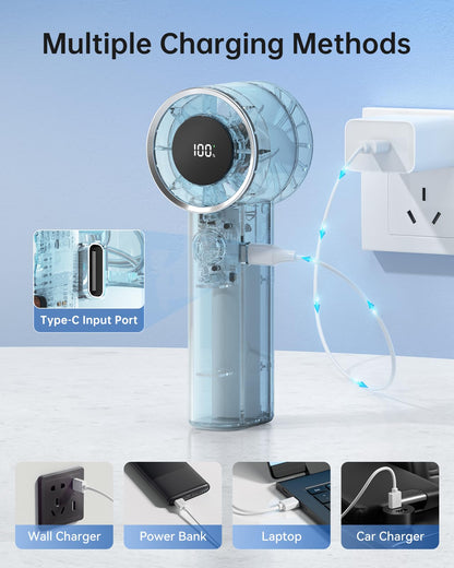 TriPole Transparent Portable Handheld Fan, High Speed 1-100 Adjustable Turbo Mini Fan, 4000mAh Battery USB Rechargeable with Digital Display, Max 20H Cooling Time Outdoor Travel Beach Essentials, Blue