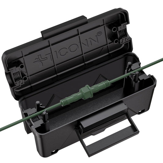 TICONN Outdoor Electrical Box, IP54 Splash-Proof Outdoor Extension Cord Cover, Protects Power Strip, Plug, Socket, Timer, Holiday Lights (Black, Small)