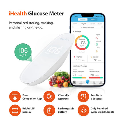 iHealth Gluco+ Wireless Smart Blood Glucose Monitor Kit with Free App, 10 Glucometer Strips, 10 Lancets, 1 Blood Sugar Monitor, 1 Lancing Device, Portable Diabetes Testing Kit for Home Use