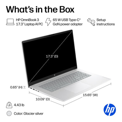 HP OmniBook 3 17.3 inch Laptop PC, FHD Display, Intel Core Ultra 5 225U, 8 GB RAM, 512 GB SSD, Intel Graphics, Windows 11 Home, Glacier Silver, 17-dg0099nr