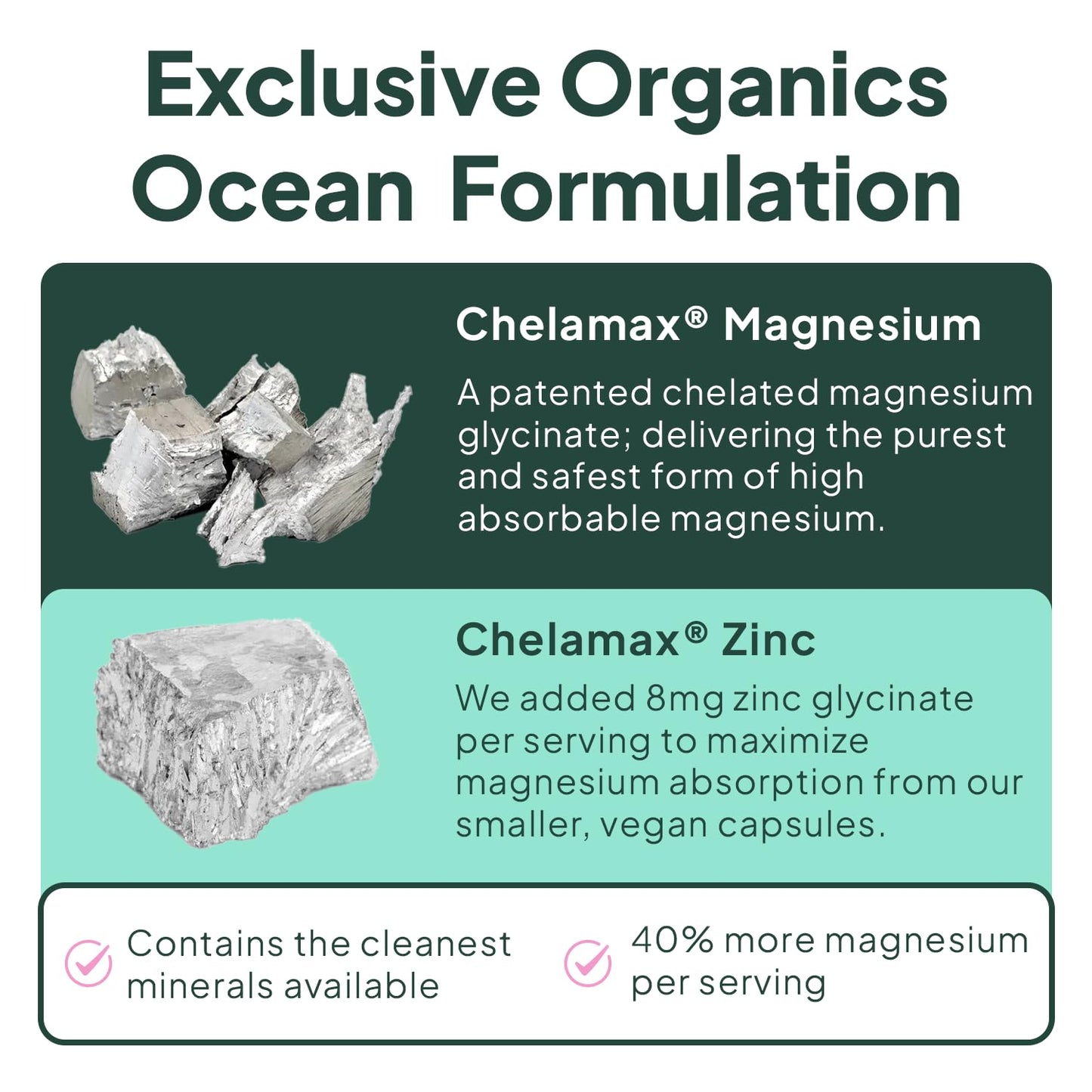 Organics Ocean Pure Magnesium Glycinate with Zinc - Maximum Strength Chelated Magnesium Supplement for Women and Men for Muscle Cramps and Sleep Support - 90 Capsules