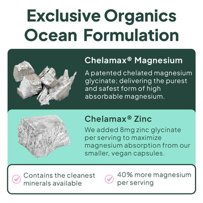Organics Ocean Pure Magnesium Glycinate with Zinc - Maximum Strength Chelated Magnesium Supplement for Women and Men for Muscle Cramps and Sleep Support - 90 Capsules