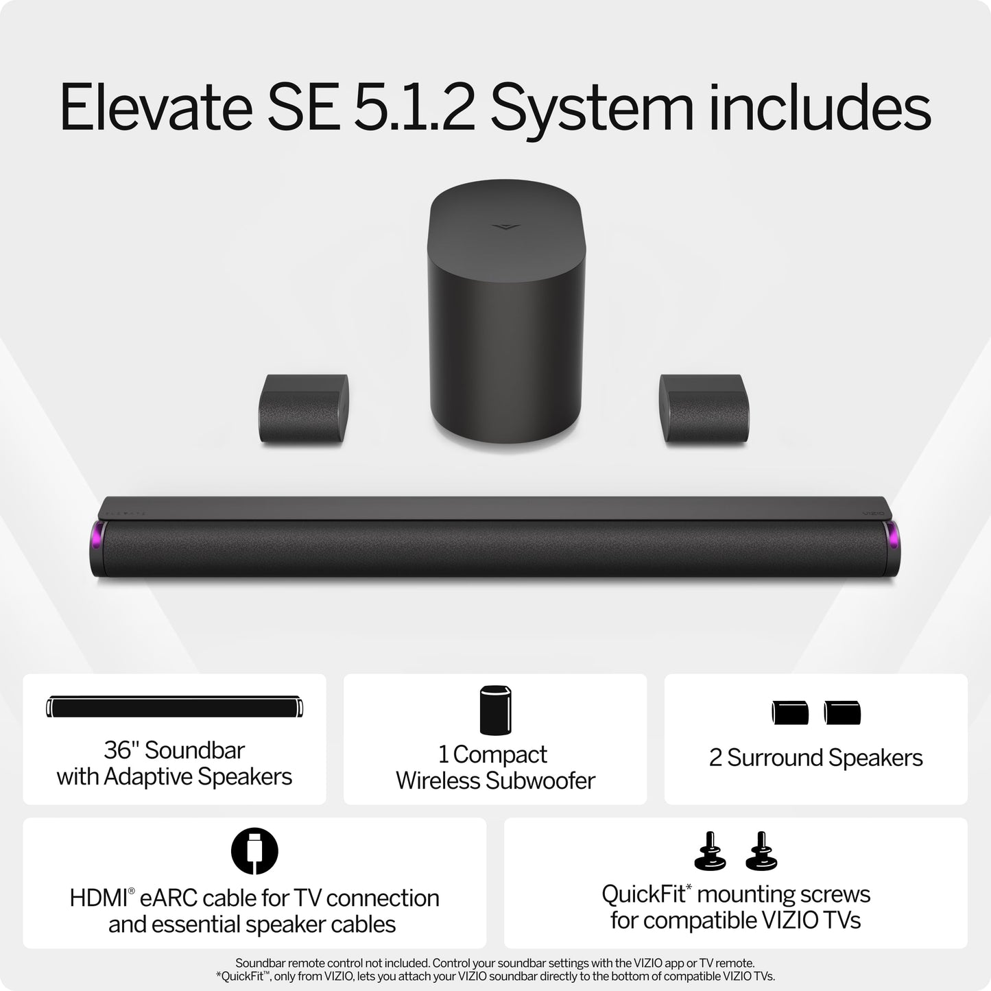 VIZIO 5.1.2 Elevate SE Soundbar, Wireless Subwoofer, Surround Sound w/Dolby Atmos & DTS:X, Bluetooth Speaker, QuickFit™ Compatible – SL512X-08 (New, 2024 Model)