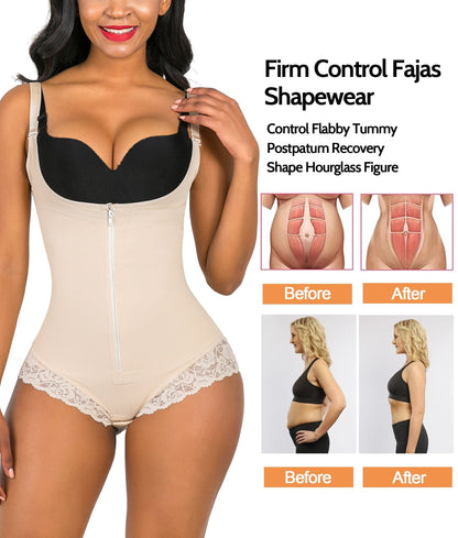 SHAPERX Women Shapewear Tummy Control Fajas Colombianas Body Shaper Zipper Open Bust Bodysuit, SZ7200-Beige-L