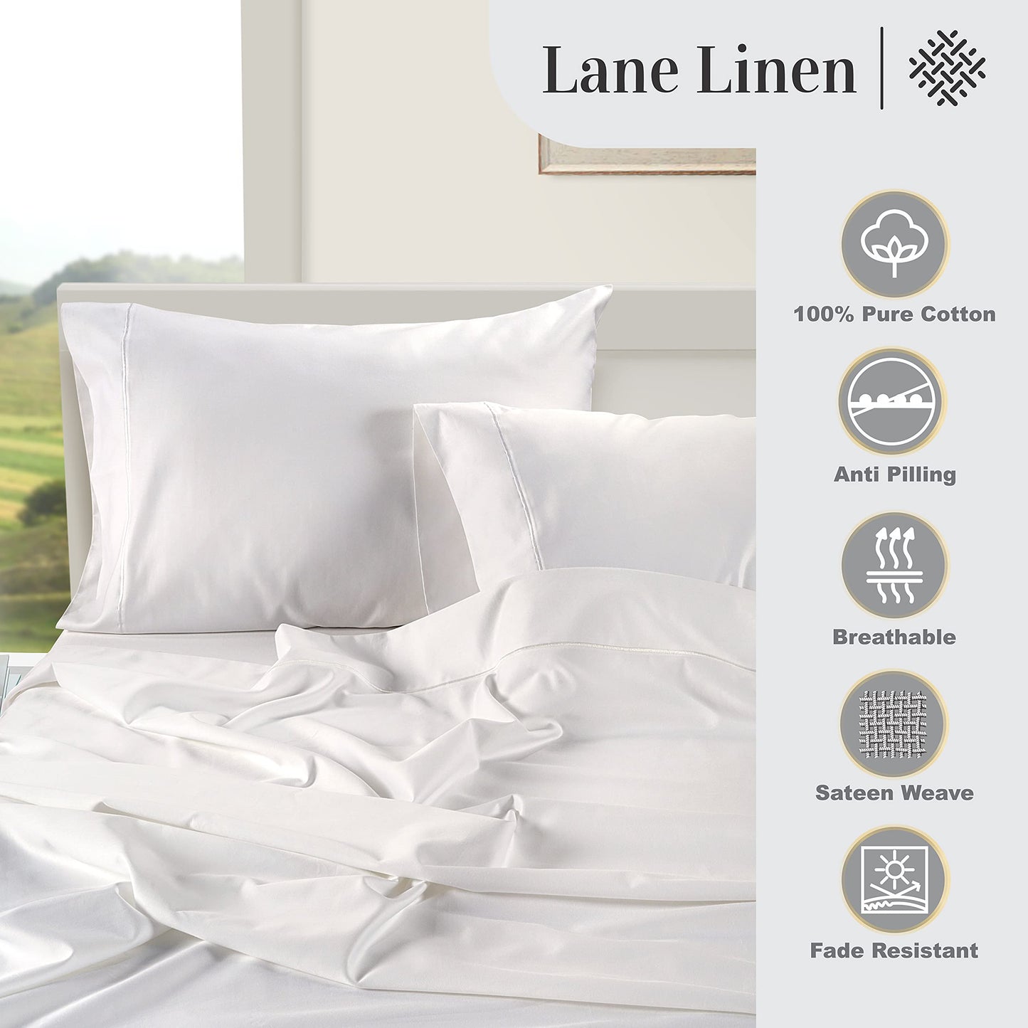 LANE LINEN 100% Egyptian Cotton Sheets Queen Size - 1000 Thread Count White Bed Sheets for Queen Size Bed, Long Staple Cotton Bedding Sheets, Sateen Weave, Luxury Hotel Sheets, Fits upto 17" Mattress