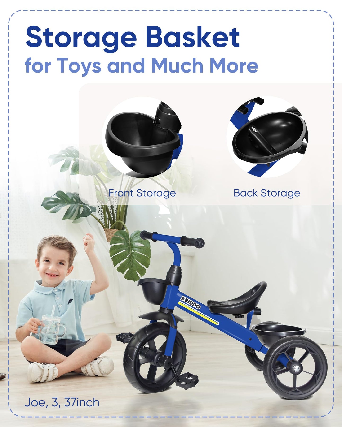 KRIDDO Kids Tricycles Age 24 Month to 4 Years, Toddler Kids Trike for 2.5 to 5 Year Old, Gift Toddler Tricycles for 2-4 Year Olds, Trikes for Toddlers, Sporty Styling, Blue