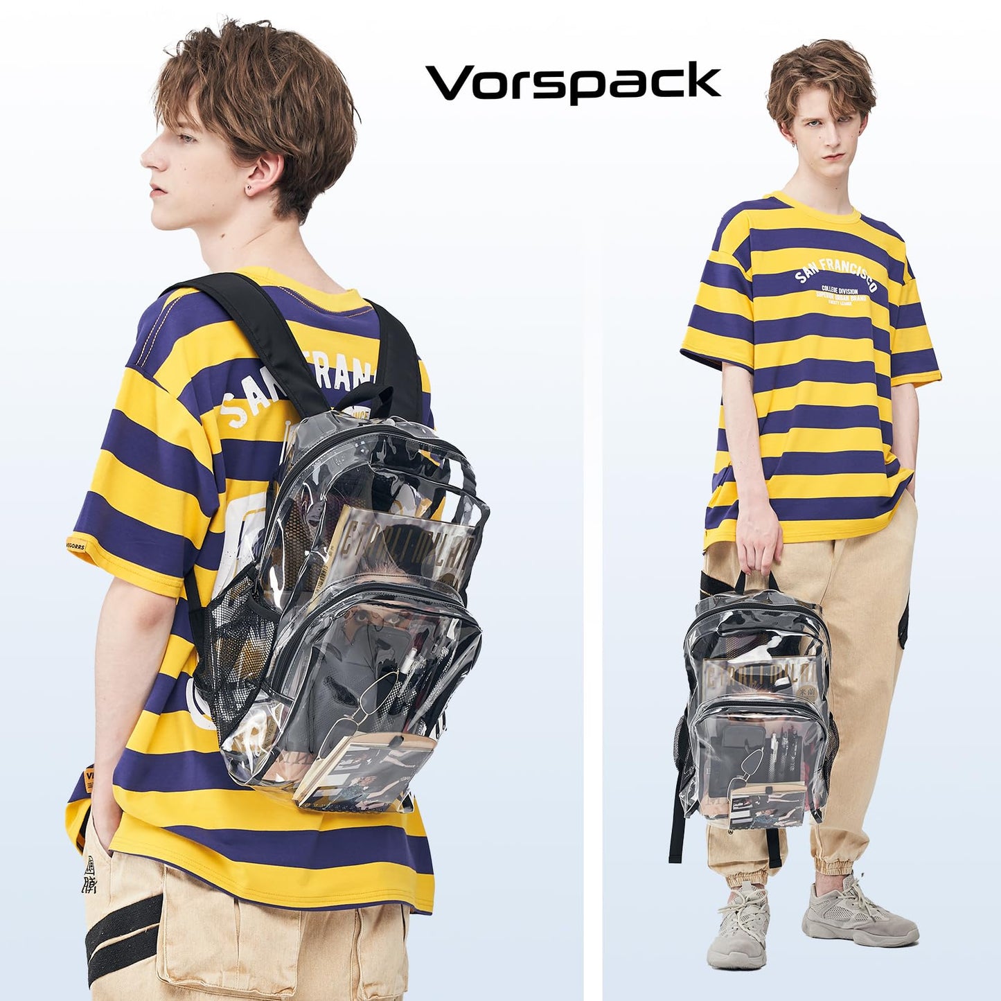 Vorspack Clear Backpack Heavy Duty PVC Transparent Backpack with Reinforced Strap Stitches & Large Capacity for College Workplace Security - Black