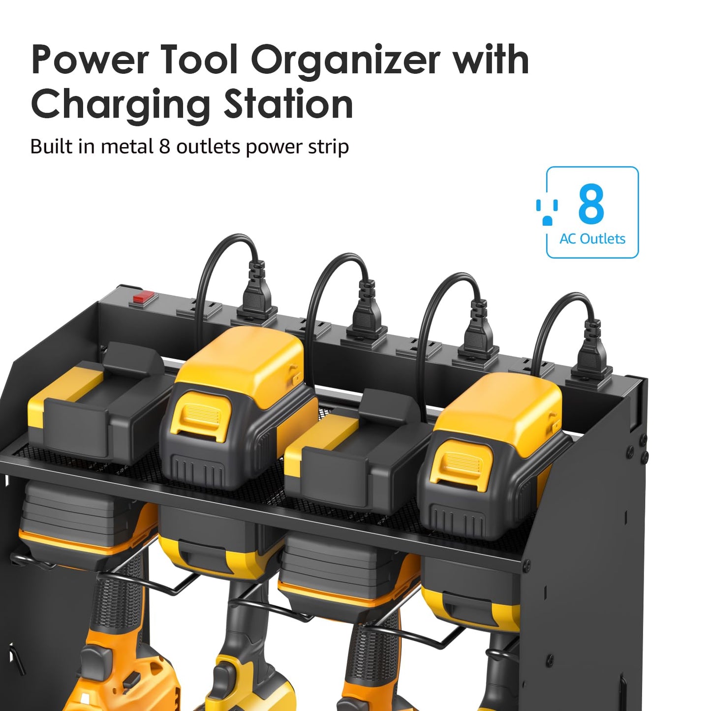 CCCEI Black Large Tools Organizer Wall Mount Charging Station, 39 Inch Long Power Tool Battery Storage Rack with 6FT Power Strip. 8 Drill Holder, Garage Utility Shelves. Pegboard Hanging Extension.