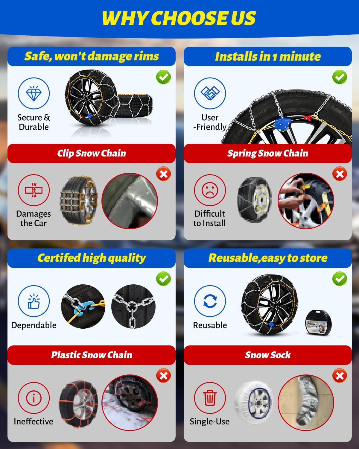 Auto Fixing Snow Chains Tire Chains For Cars Suv Pickup Trucks - Auto Fixing 1 Min Quick Fit AND Easy Installation, Reusable Universal Emergency Traction Snow Chains - Set of 2（HKN140）