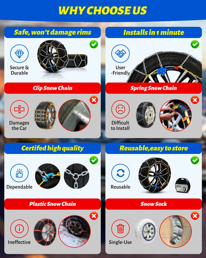 Auto Fixing Snow Chains Tire Chains For Cars Suv Pickup Trucks - Auto Fixing 1 Min Quick Fit AND Easy Installation, Reusable Universal Emergency Traction Snow Chains - Set of 2（HKN140）