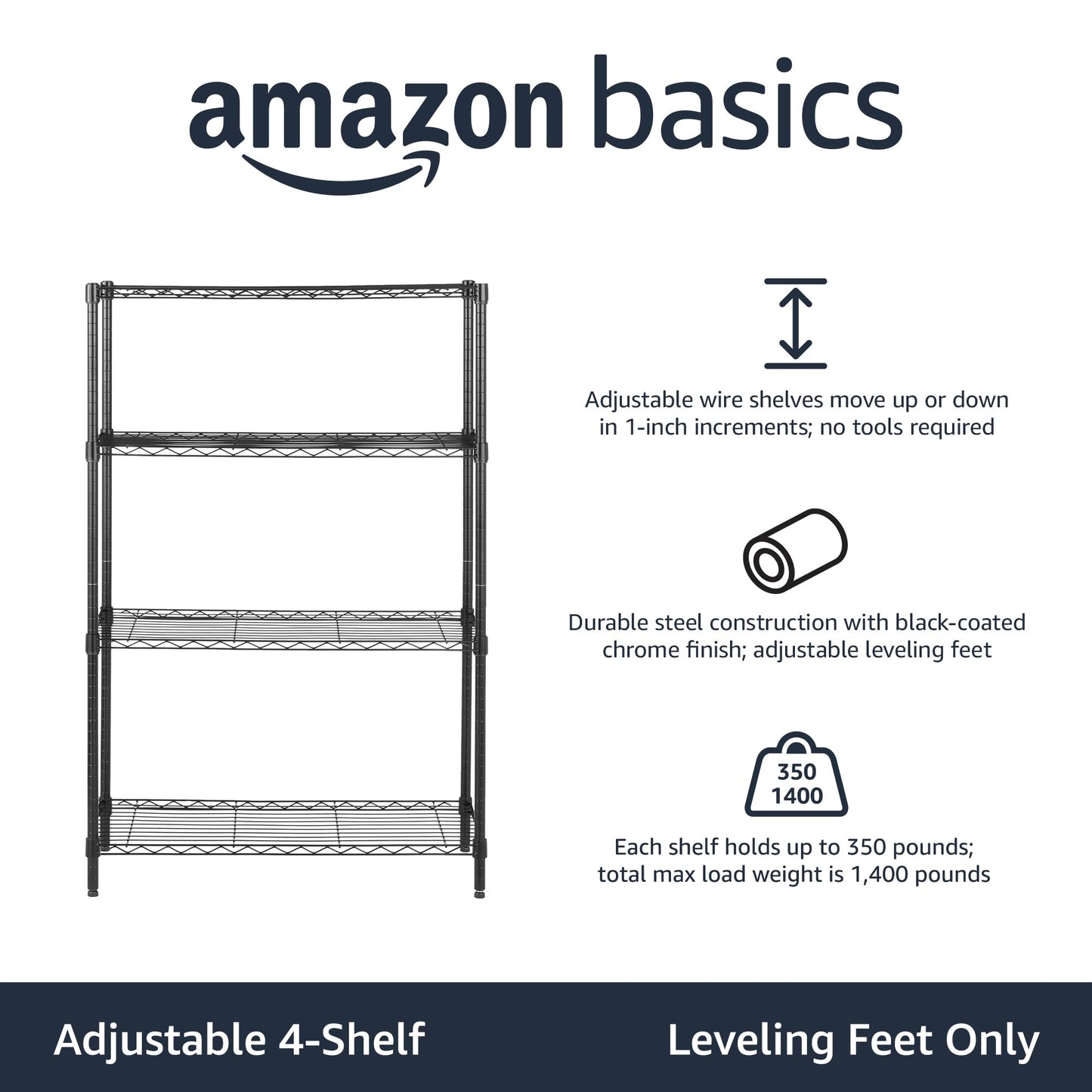 Amazon Basics 4-Shelf Adjustable, Heavy Duty Wide Storage Shelving Unit (350 lbs loading capacity per shelf), Steel Organizer Wire Rack, 36" L x 14" W x 54" H, Black
