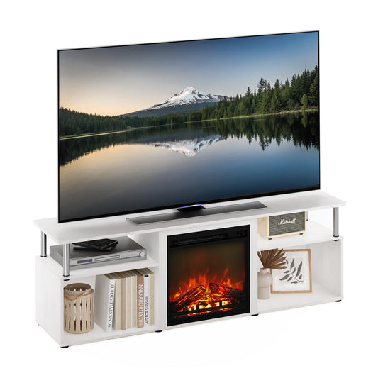 Furinno Jensen Open Storage Fireplace Entertainment Center for TV up to 70 Inch with Stainless Steel Tubes, White Oak/Chrome