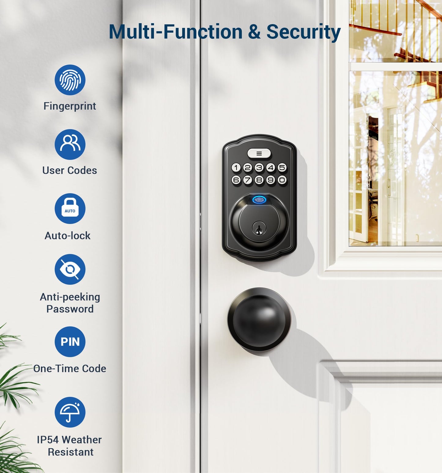 Veise Fingerprint Door Lock with 2 Door Knobs - Keyless Entry Door Lock with Handle, Electronic Keypad Deadbolt, Smart Front Door Lock Set, Auto Lock, Waterproof, Easy Installation, Matte Black