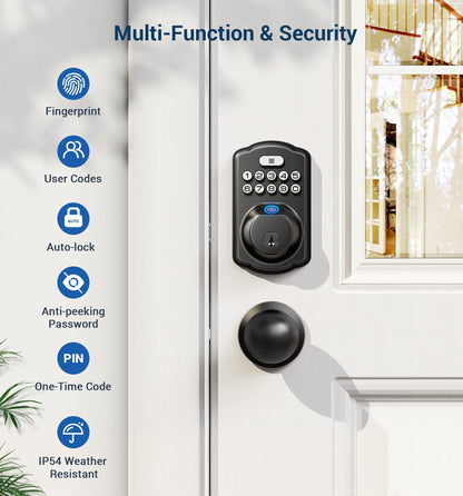 Veise Fingerprint Door Lock with 2 Door Knobs - Keyless Entry Door Lock with Handle, Electronic Keypad Deadbolt, Smart Front Door Lock Set, Auto Lock, Waterproof, Easy Installation, Matte Black