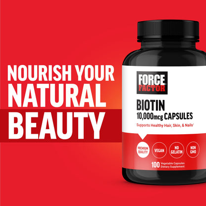 FORCE FACTOR Biotin 10000mcg, Biotin Supplement for Healthier Hair, Skin, and Nails, Hair Growth Supplement with Biotin Vitamins, Vegan Biotin, Non-GMO, 100 Vegetable Capsules