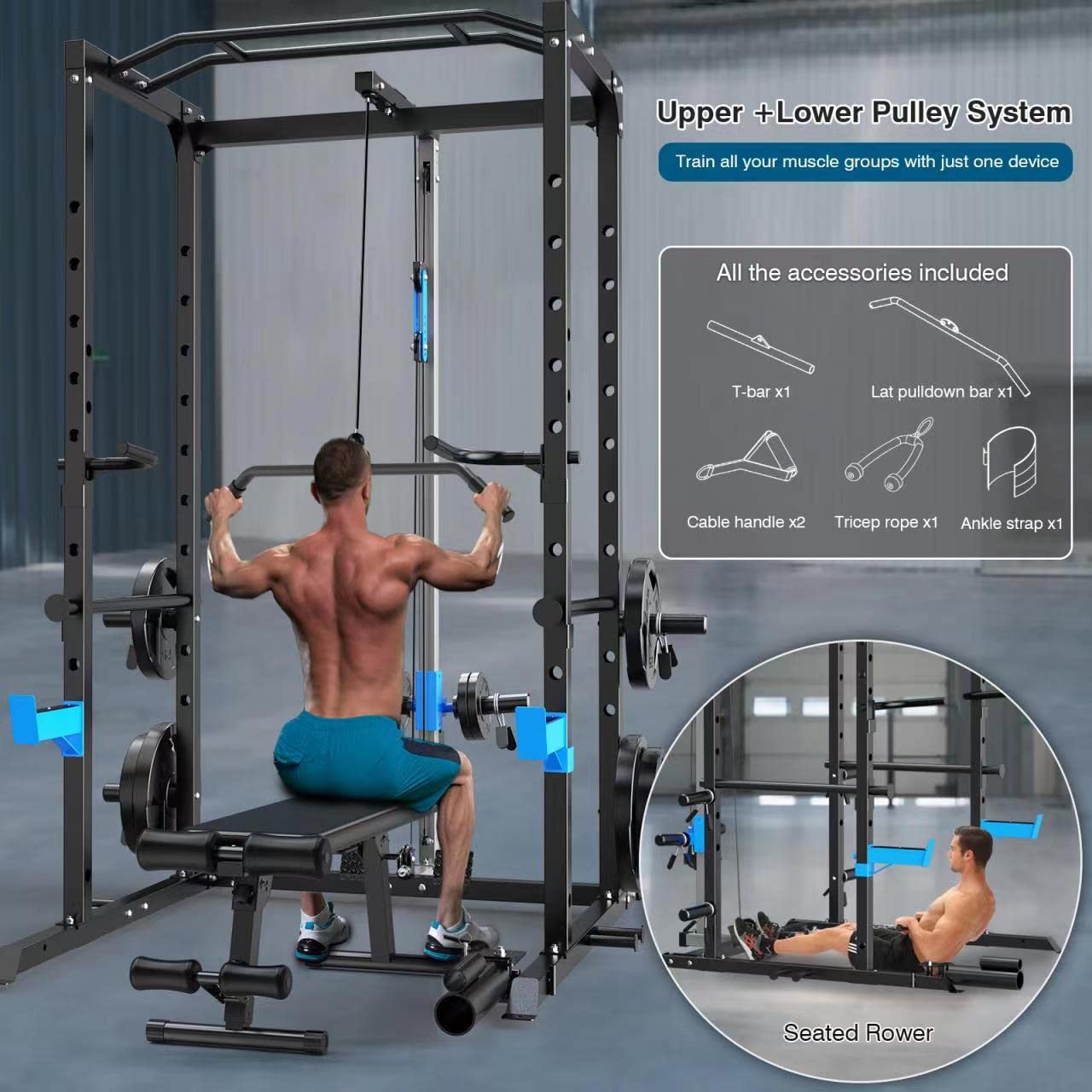 ULTRA FUEGO Power Cage, Multi-Functional Power Rack with J-Hooks, Dip Handles, Landmine Attachment and Optional Cable Pulley System for Home Gym (Power Cage with Pulley System)