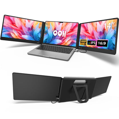 QQH Triple Portable Monitor, 14” FHD 1080P IPS Laptop Screen Extender with Alloy Stand, Only One USB-C Plug and Play Laptop Monitor Extender Compatible with MacOS, Wins, Android for 12-16” Laptops