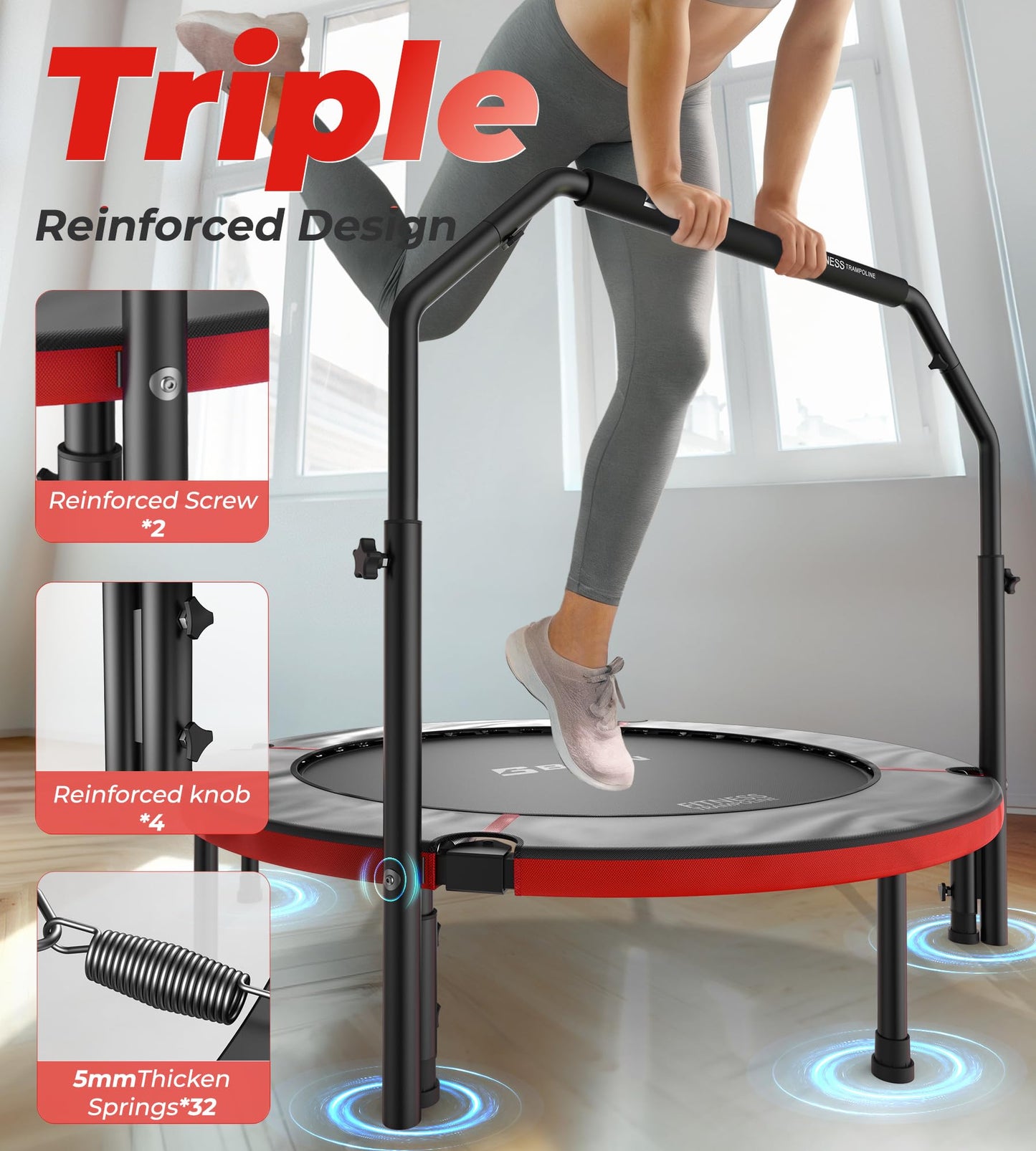 BCAN 48" Foldable Mini Trampoline, Rebounder Trampoline for Adults, Adjustable Foam Handle, Exercise Rebounder for Adults Indoor/Garden Workout, Max Load 440lbs, Red
