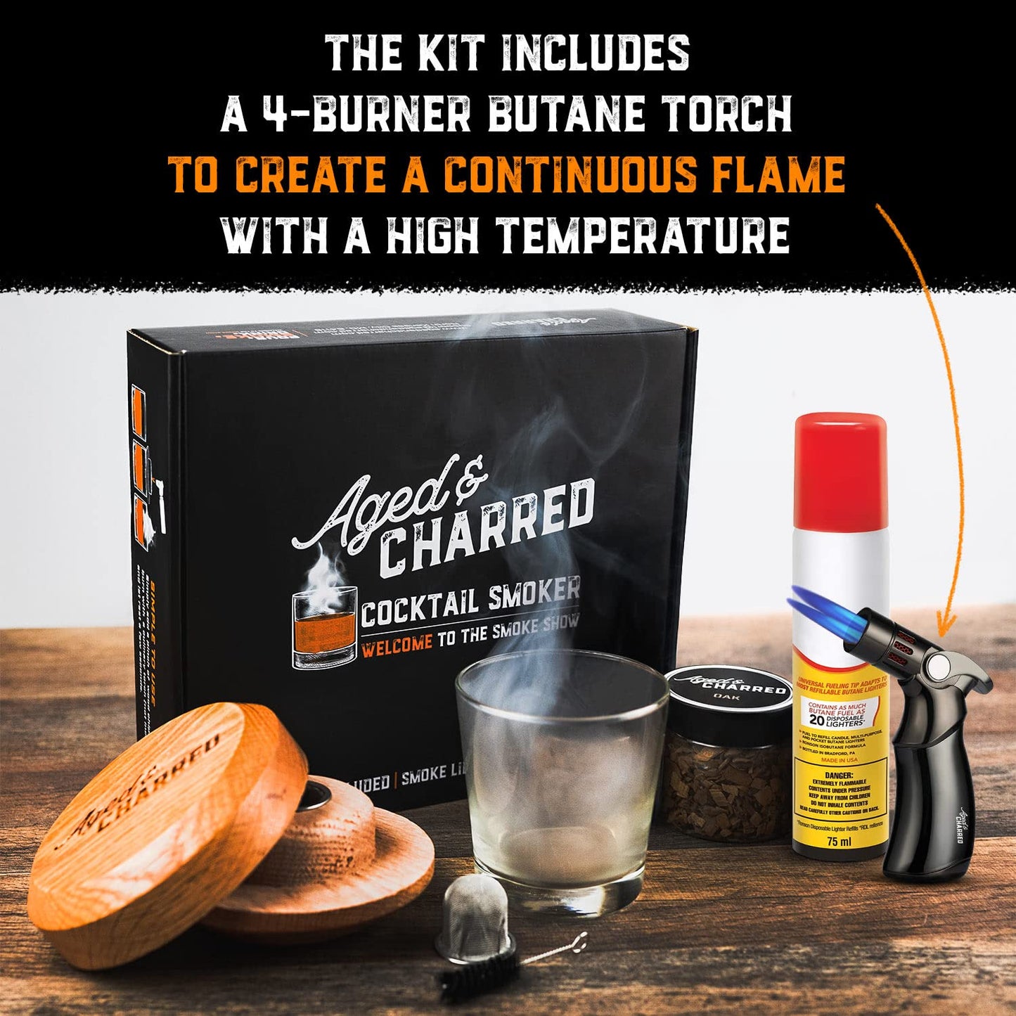 Whiskey Smoker Kit with Torch and Butane - 8 Flavors Wood Chips, 100% USA Oak Smoker, High-End Set - Cocktail Smoker Kit for Drinks - Old Fashioned Bourbon Smoker Gift Set for Men