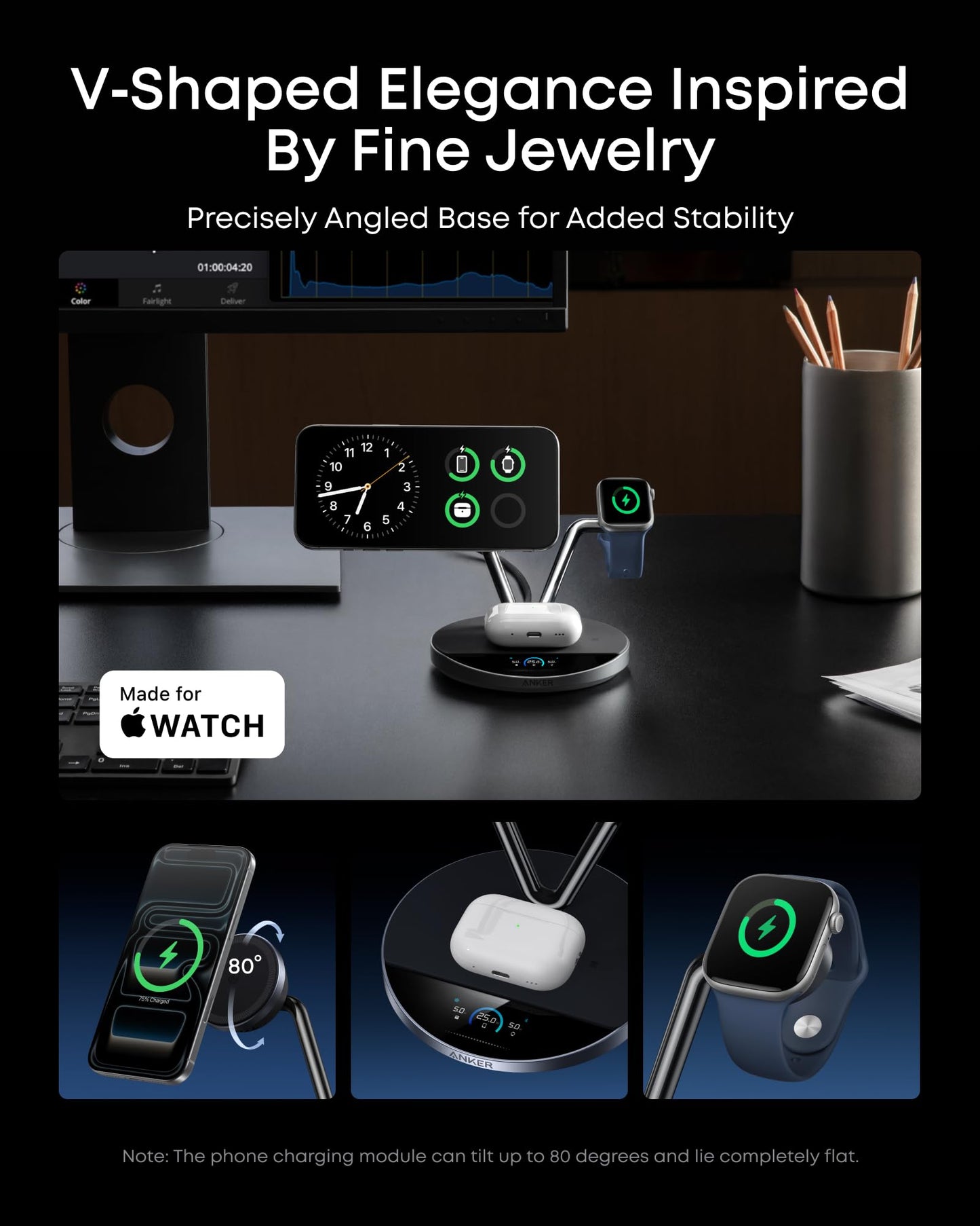 Anker Prime MagSafe Charger Compatible, 3-in-1 Charging Station, Qi2 25W Certified Wireless Charger Dock Stand, Smart Display with TEC Active Cooling, for iPhone 17, Apple Watch, AirPods, and More