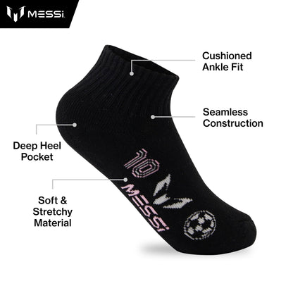 Messi Boys Lifestyle Ankle Socks, 6-Pack Kids Socks, Soft & Stretchy, Comfortable, Black