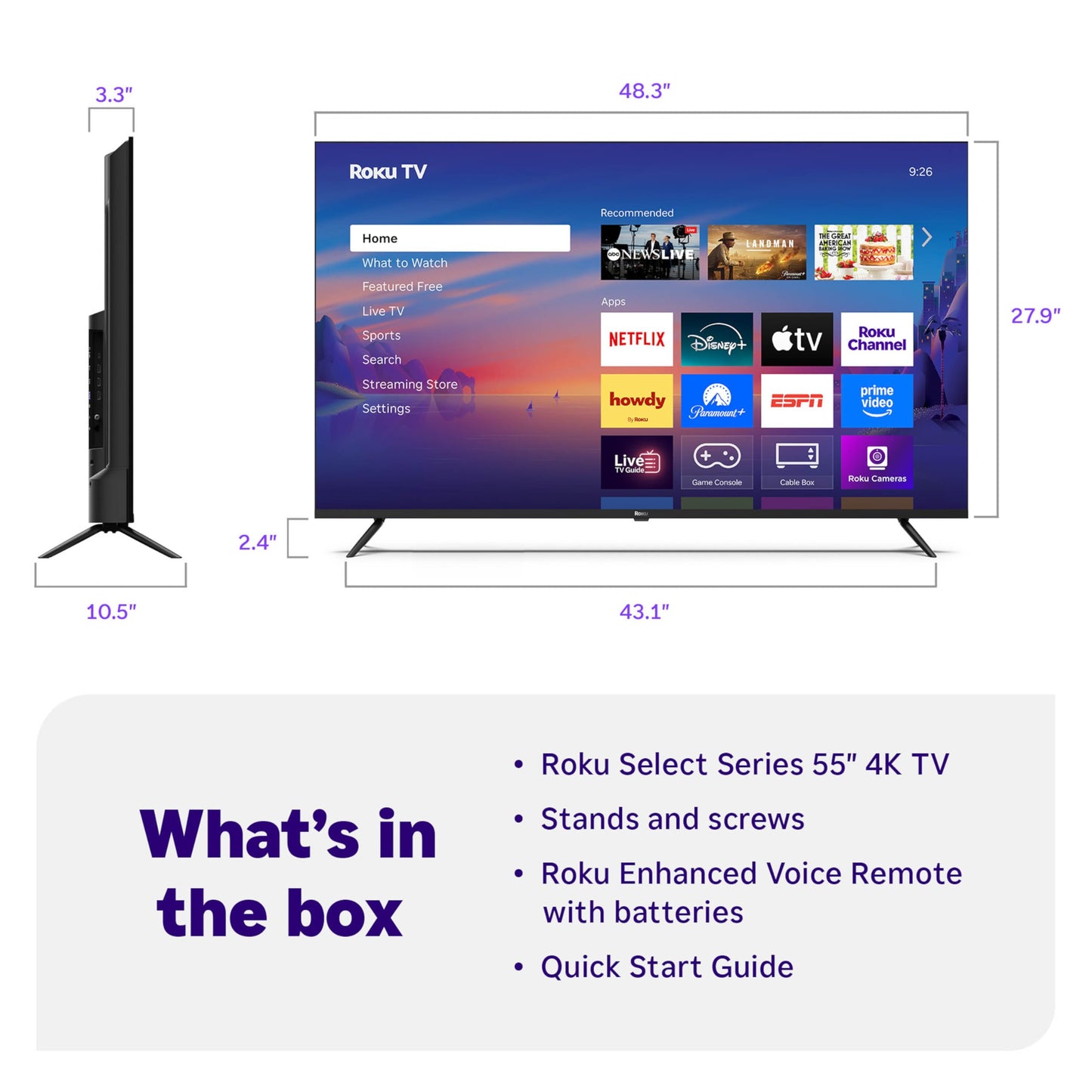 Roku Smart TV 2025 – 55-Inch Select Series, 4K HDR TV – Roku TV with Enhanced Voice Remote – Flat Screen LED Television with Wi-Fi for Streaming Live Local News, Sports, Family Entertainment