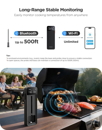 GoveeLife Digital Meat Thermometer Wireless with WiFi Bluetooth, Food Thermometer for Cooking, Long Range Probe Monitoring, Rechargeable Base, APP Alerts Recipes for BBQ, Oven, Grill, Smoker