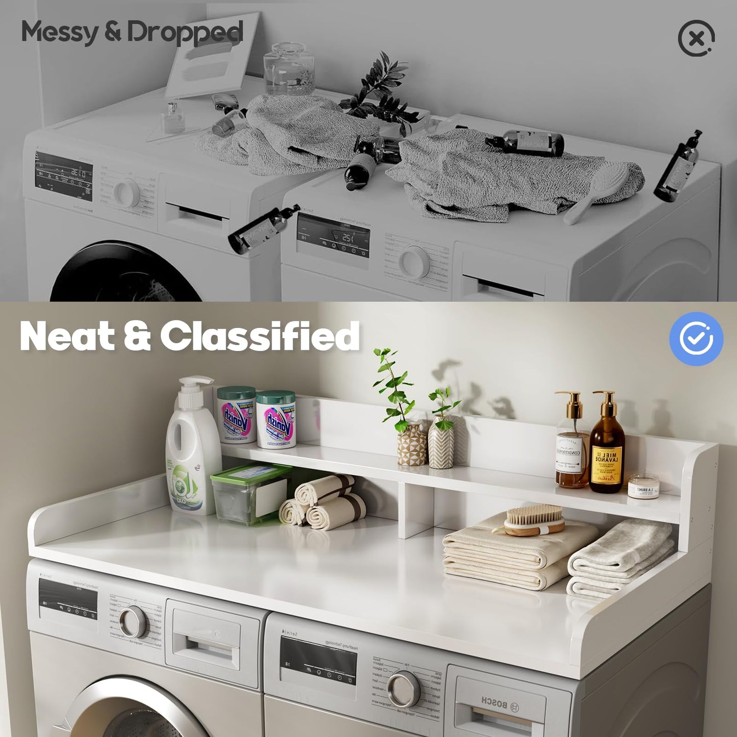BigPonPon 2-Tier Washer and Dryer Countertop with 2.75" H Guard,54" W x 27.5" D Laundry Countertop Cover with Non-Slip Pad,Large Space Laundry Topper for Folding Clothes Over Washer and Dryer-White
