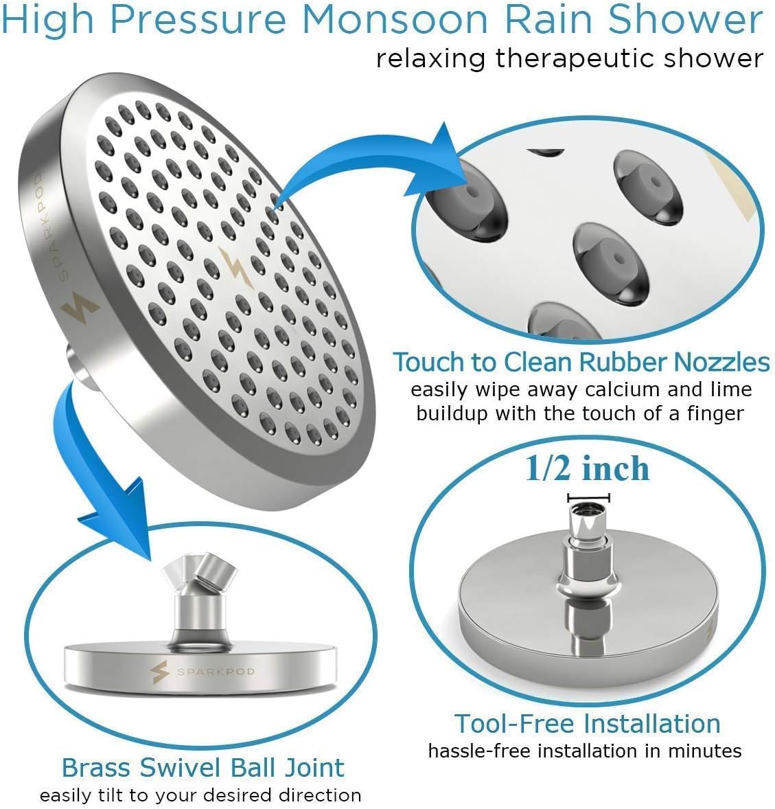 SparkPod Shower Head - High Pressure Rain - Premium Quality Luxury Design - 1-Min Install - Easy Clean Adjustable Replacement for Your Bathroom Shower Heads (Luxury Polished Chrome, 6 Inch Round)