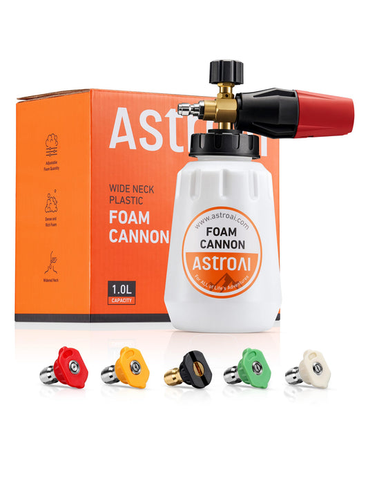 AstroAI Big Mouth Foam Cannon with 5 Pressure Washer Nozzle Tips,1/4 Inch Quick Connector,1 Liter Bottle