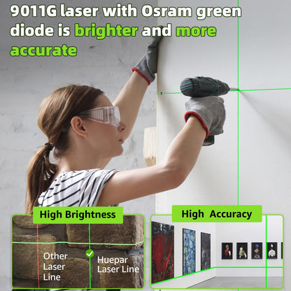 HUEPAR Laser Level Classic, 100ft Self Leveling Green Cross Line Laser for Picture Hanging, Tile, Decoration & DIY Indoor Construction – 360° Magnetic Base & Battery Included