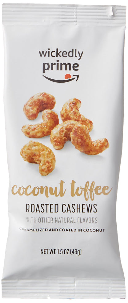Amazon Brand - Wickedly Prime Roasted Cashews, Coconut Toffee, Snack Pack, 1.5 Ounce (Pack of 15) Package May Vary