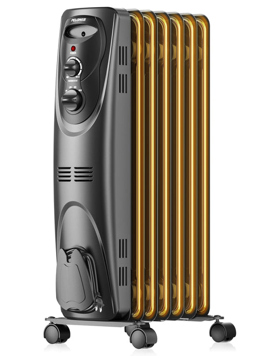 PELONIS Oil Filled Radiator Heater for indoor use Large Room Safe with Thermostat, 1500W Energy Efficient Quiet Space Heater, 3 Heat Settings & 8H Timer, Overheat & Tip-Over, Black