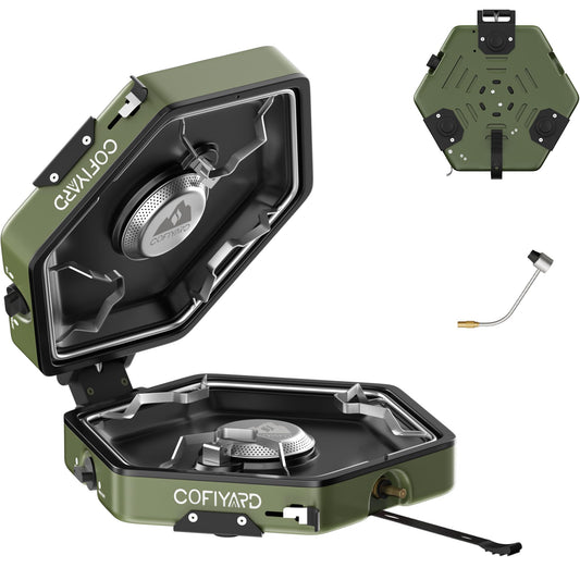Cofiyard Propane 2-Burner Camping Stove with Carrying Bag and Gas Stove Pressure Regulator, Camping Essentials Folding Camp Stove with Flick-Style Ignition for Backpacking, Outdoor Cooking, Tailgating