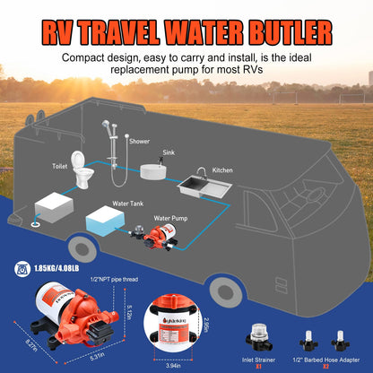 CYKLEKING 12V DC Water Pressure Pump,3.5GPM 45PSI Quiet On Demand RV Water Diaphragm Pump 12 Volt Self Priming Ideal for Camper,Boat,Marine,Travel Trailer,Washdown,Rain Barrel,Outdoor Shower