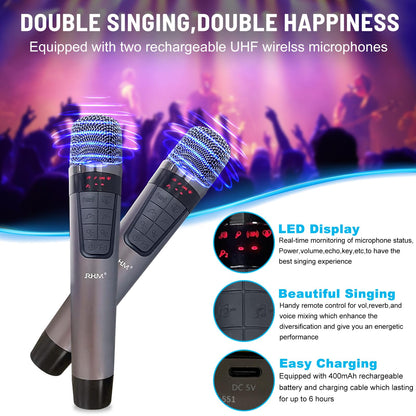 RHM K222 Karaoke Machine, Bluetooth Speaker with 2 UHF Wireless Microphones, 5 Sound Modes, Support Optical, Bluetooth, AUX, USB, PC, Wooden Party Speaker for TV, Home Party, Karaoke, Meeting