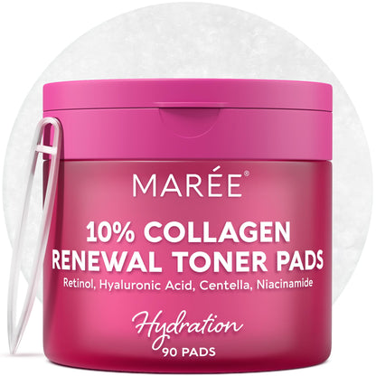 MAREE Collagen Acne Clearing Polishes - Toner Pads with Retinol - Minimizing Wrinkle Zero Pore Pads - Hydrating Toning Collagen Pad with Retinol & Centella Device - Anti Aging Brightening Wipes