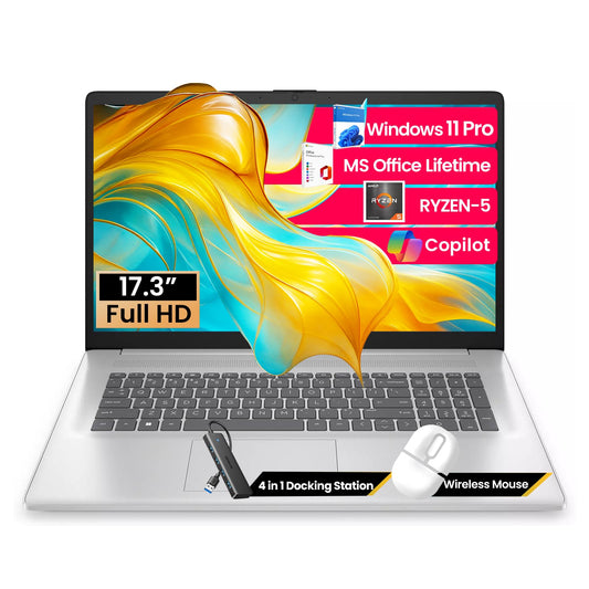 HP 17 inch Laptop for Business and Students, 17.3" FHD, AMD Ryzen 5 (Beats i7-1165G7), W/Copilot, Ms Office Pro, Wins 11 Pro, Numeric Keypad, WiFi 6 (64GB RAM | 2TB SSD)