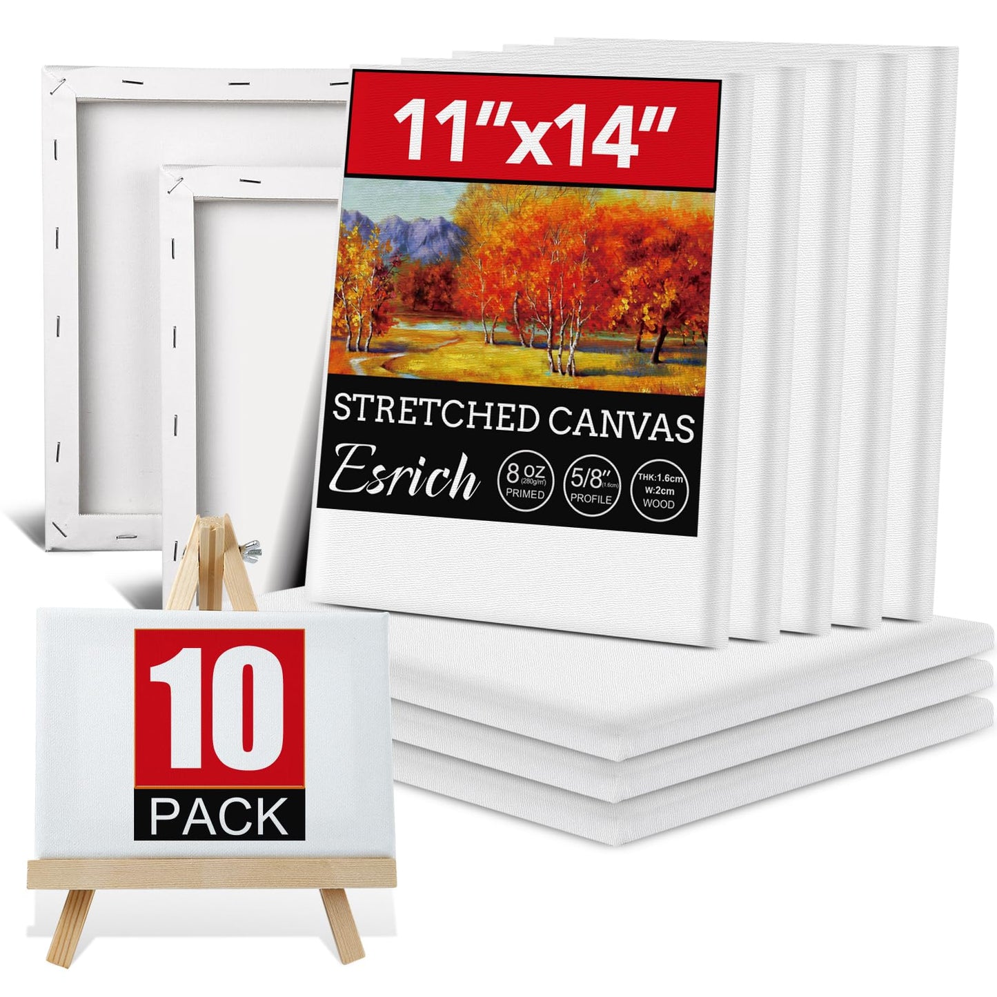 ESRICH Stretched Canvas for Painting 11x14 Inch, 10 Pack Blank Canvas -5/8 in Profile Primed Cotton White Canvases for Painting for Oil & Acrylic Paint