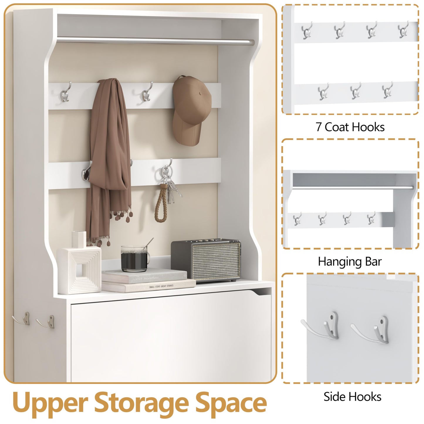 Wodeer Tall Shoe Cabinet with Coat Rack, Hidden Shoe Storage Cabinet with Doors & Drawer, Hanging Bar & Hooks, Slim Narrow Freestanding Shoe Rack Organizer for Entryway, Hallway & Living Room, White