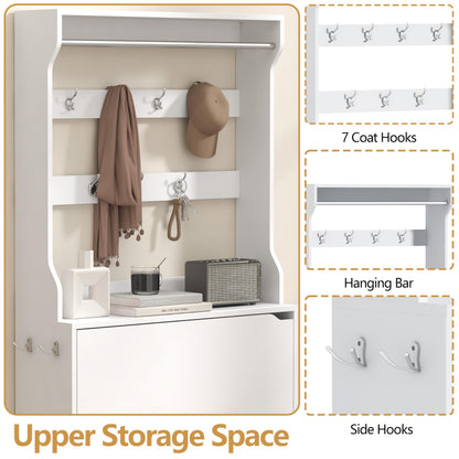 Wodeer Tall Shoe Cabinet with Coat Rack, Hidden Shoe Storage Cabinet with Doors & Drawer, Hanging Bar & Hooks, Slim Narrow Freestanding Shoe Rack Organizer for Entryway, Hallway & Living Room, White