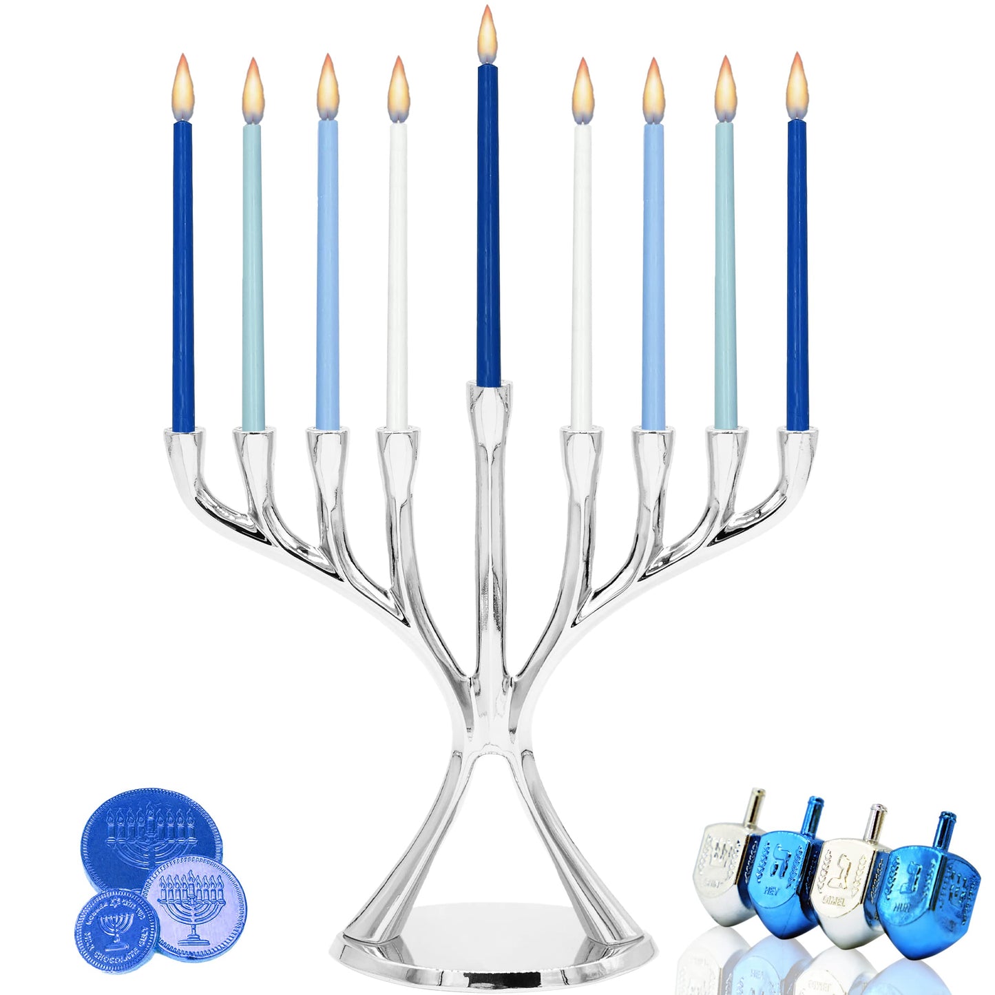 The Dreidel Company Contemporary Hanukkah Menorah, Polished, Non-tarnishing, Holds Most Hanukkah Candles (Silver)