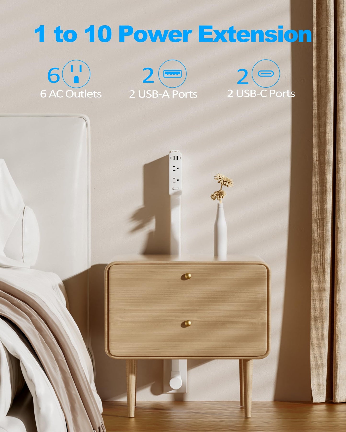 Olcorife Outlet Extender Stick, Power Strip with 6 Outlets & 4 USB Ports, Extends 22"-34", Rotates 180°(90° per Side), Home Dorm Essential for Nightstand, Couch and Desk