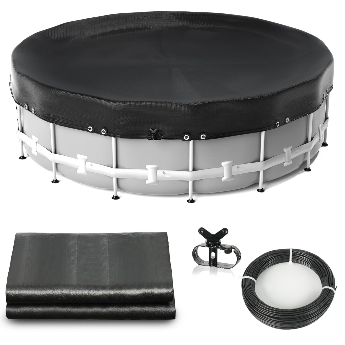 Abimars Thickened Pool Cover for Above Ground Pools, 2025 Upgrade 8ft Round Pool Winter Cover with Winch & Cable, Dual-Coated for UV and Aging Protection, Tear-Resistant Without Stitching, Black