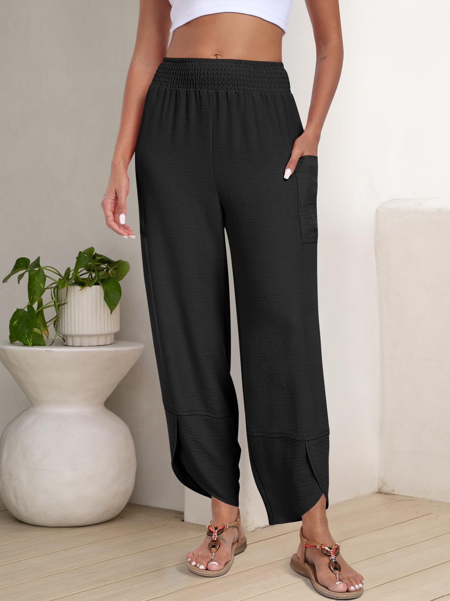 ANRABESS Womens Wide Leg Palazzo Capri Pants 2026 Summer Casual High Waisted Barrel Lounge Flowy Cropped Beach Work Trousers Black Medium