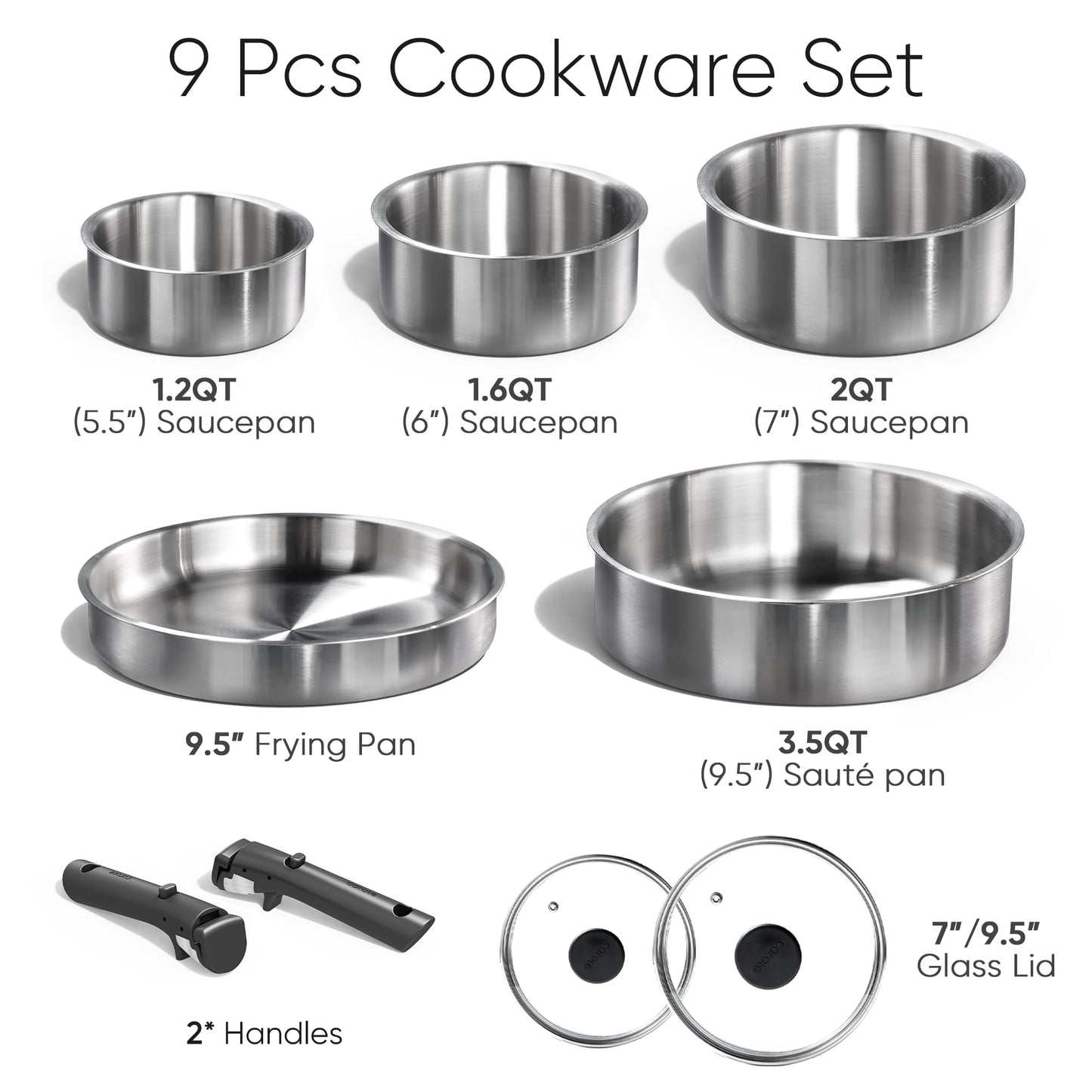 CAROTE Pots and Pans Set, Tri- Ply Stainless Steel Cookware Set Detachable Handle, 9pcs Induction Kitchen Cookware Sets with Removable Handle, RV Cookware Set, Oven Safe
